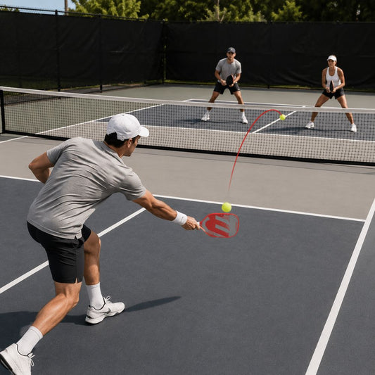 Player practicing a pickleball third shot drop with a WOWLLY paddle