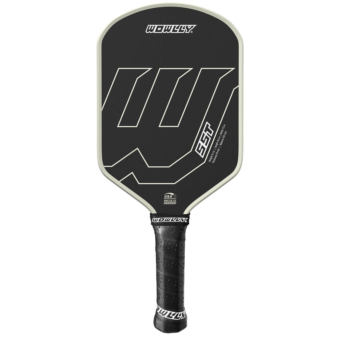 Black pickleball paddle with white text on a white background