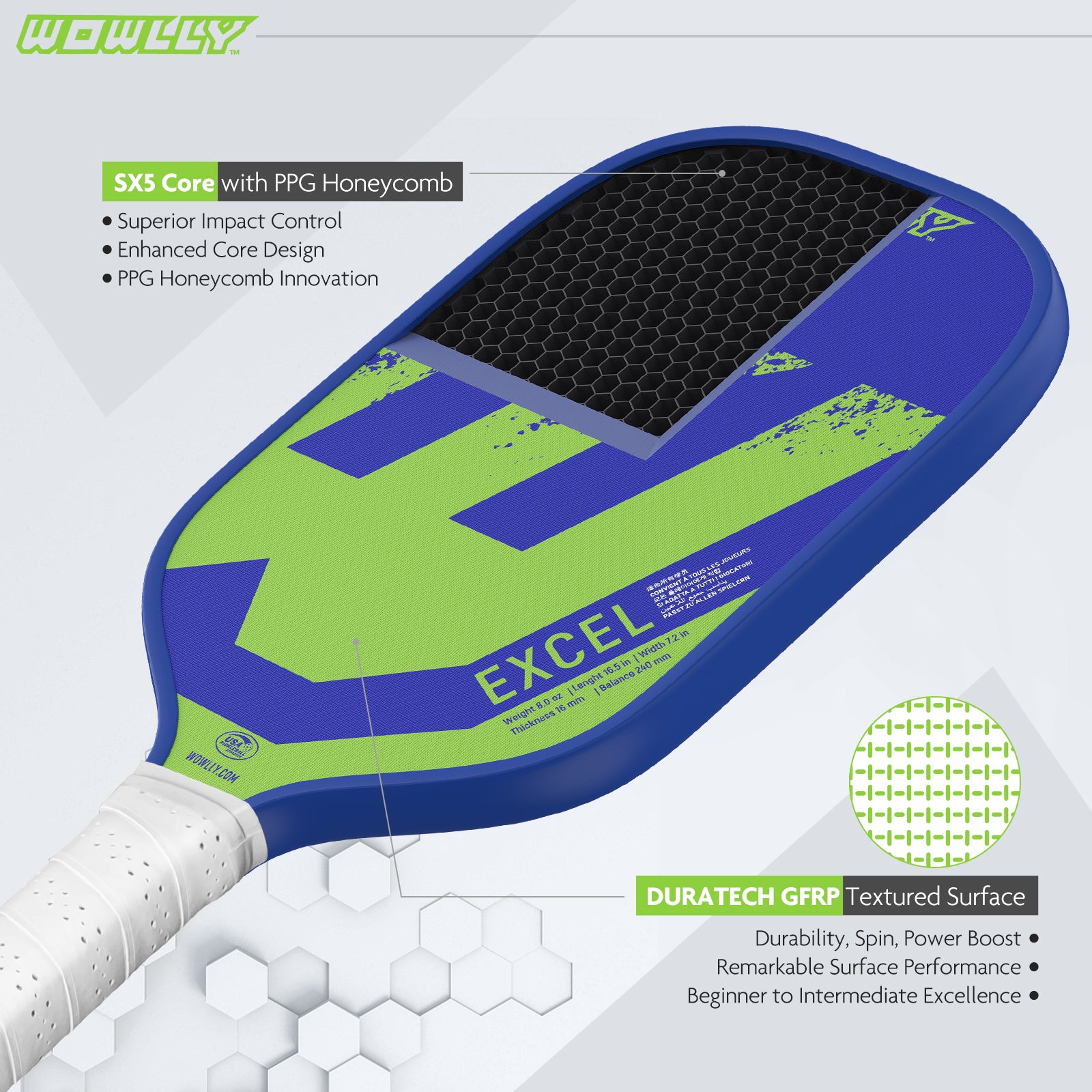 Wowlly Excel Series Pickleball Paddle (Blue & Green)
