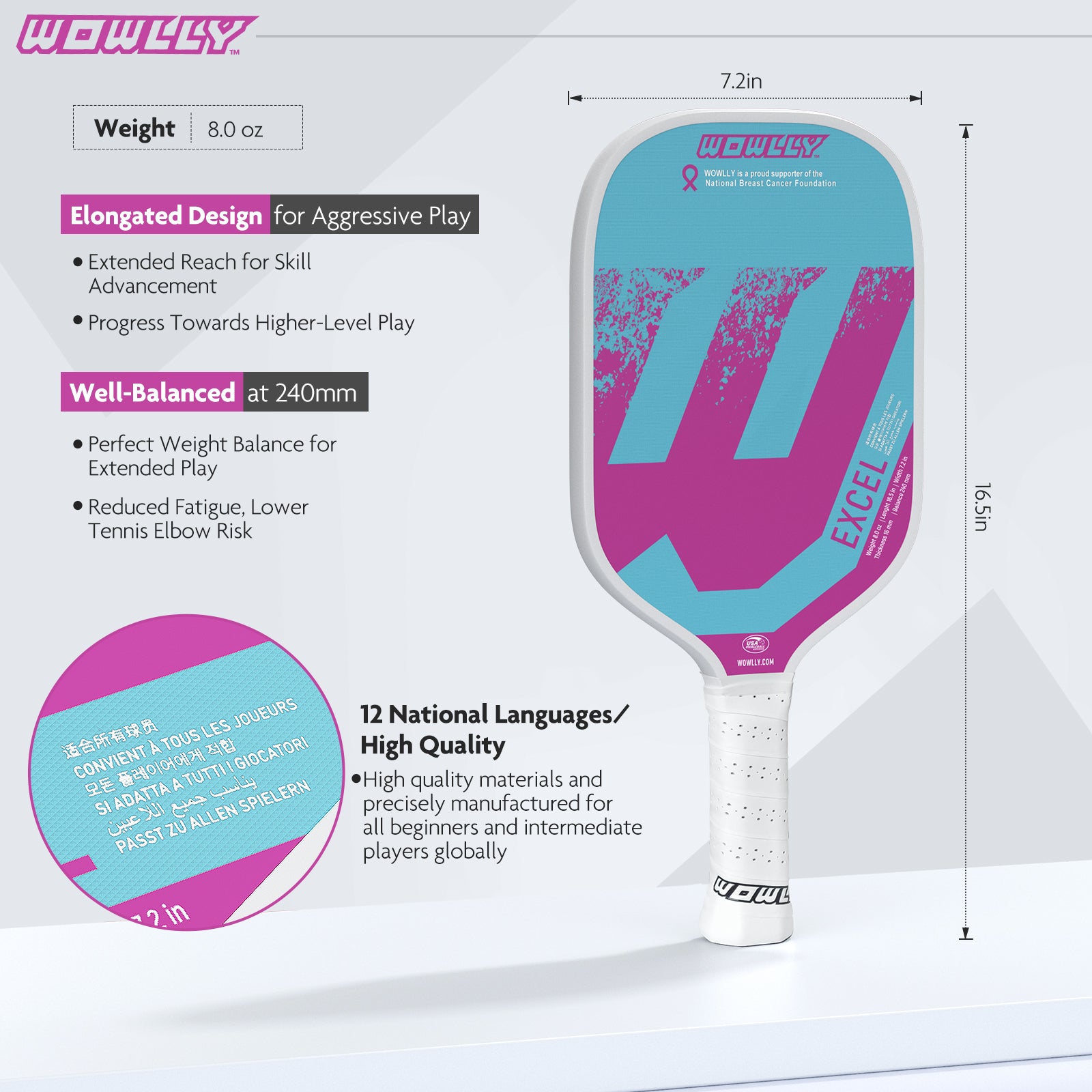 Wowlly Excel Series Pickleball Paddle (Light Blue & Pink)